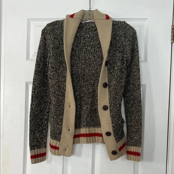 Sold - 4/$20 Bluenotes Black and Cream Knit Cardigan with Red Accents - Picture 1 of 3